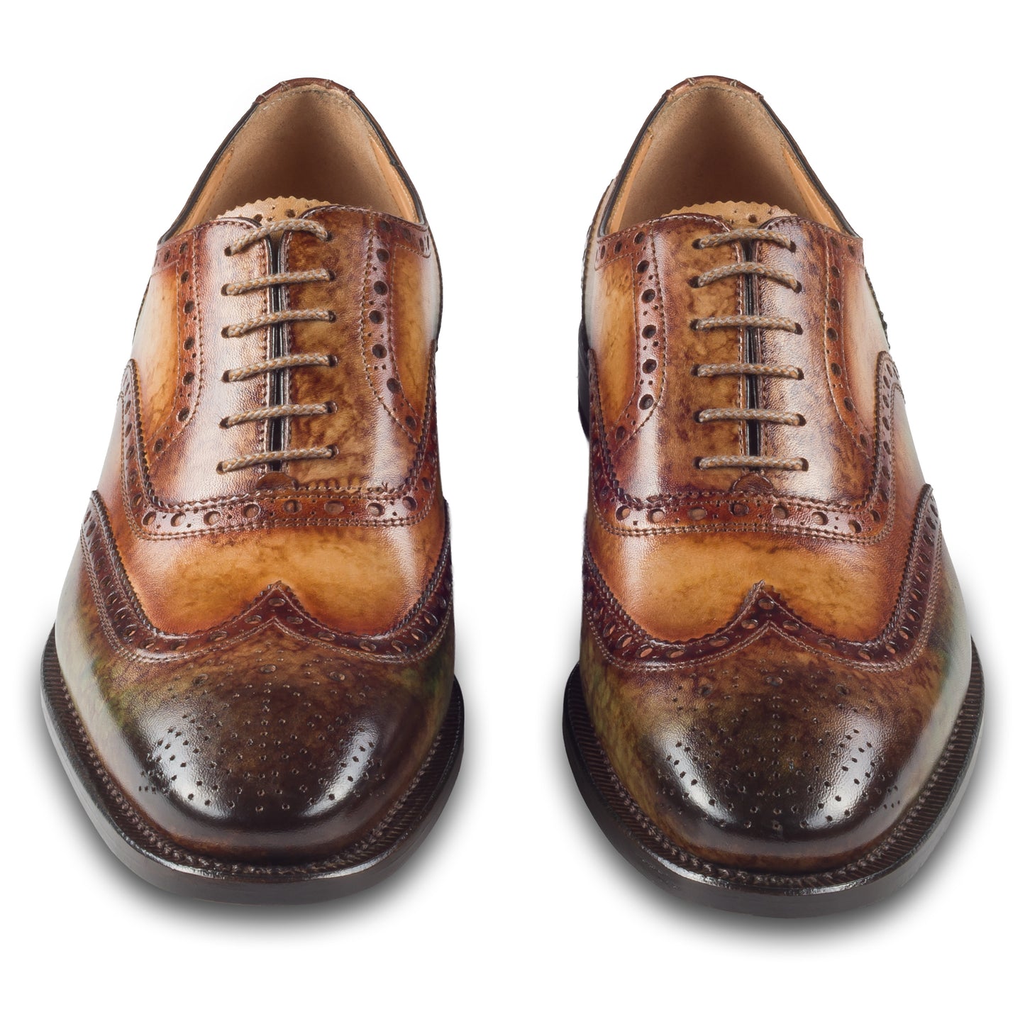 Harris Herren Anzugschuhe / Schnür-Halbschuhe, braun grün mit handgefärbter Patina. Made in Italy. Durchgenäht. Paarweise Ansicht von vorne.