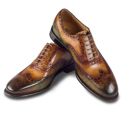 Harris Herren Anzugschuhe / Schnür-Halbschuhe, braun grün mit handgefärbter Patina. Made in Italy. Durchgenäht. Paarweise überkreuzte Ansicht. 
