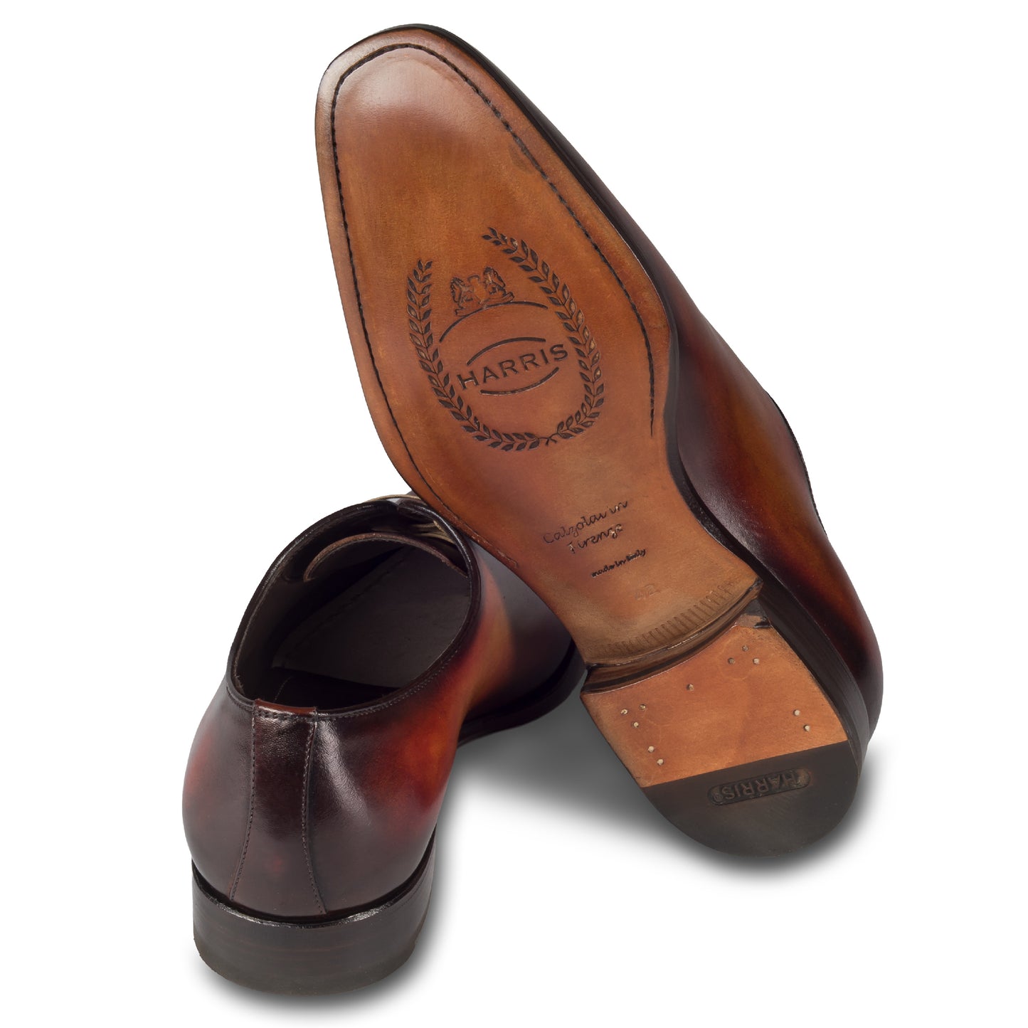 Harris Herren Anzugschuhe / Schnür-Halbschuhe, braun mit handgefärbter Patina. Made in Italy. Durchgenäht. Ansicht Sohle und Ferse.
