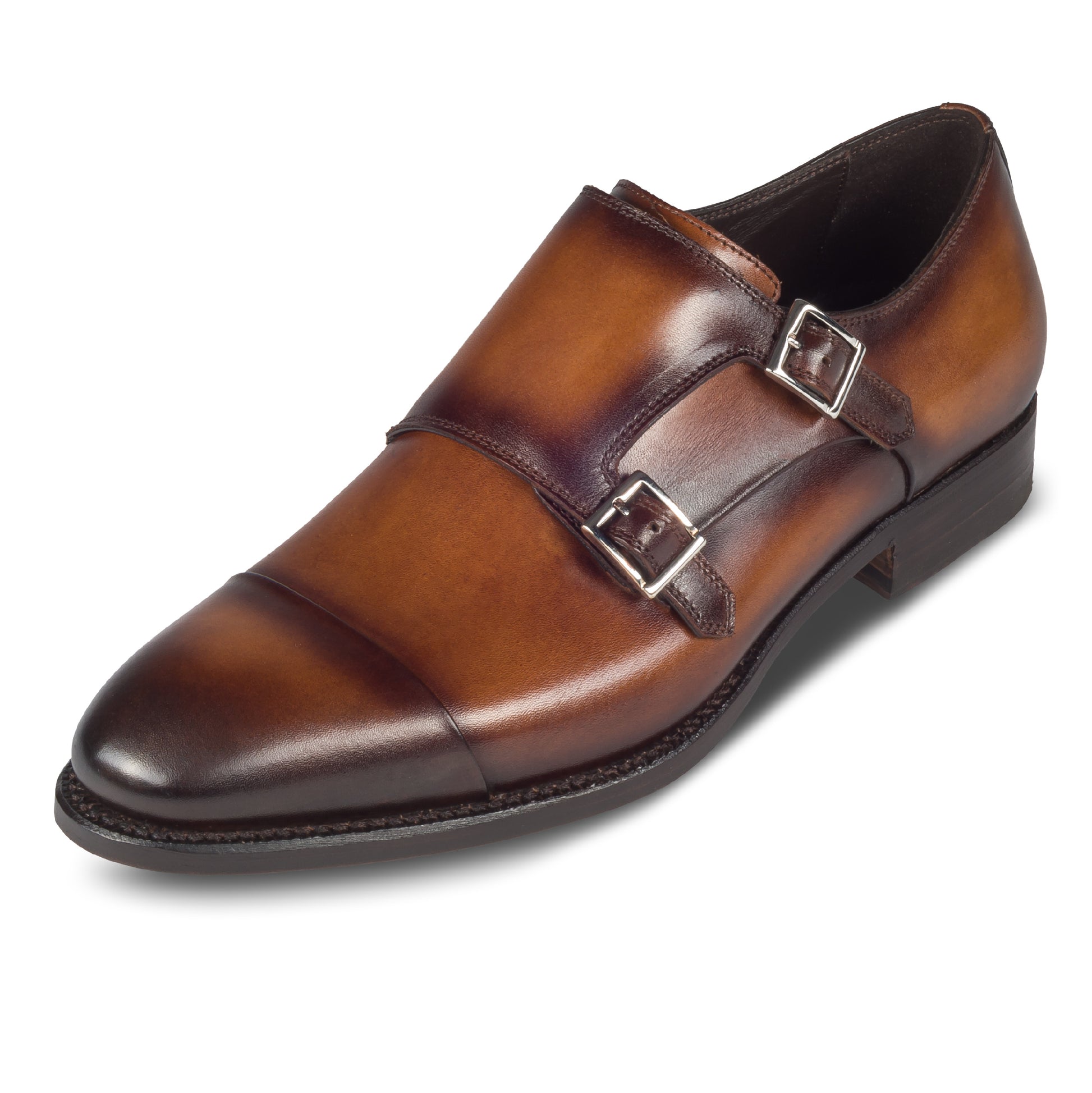 HARRIS Herren Double Monk braun, Herrenschuhe aus Kalbsleder mit Patina, handgefärbt und durchgenäht. Ansicht linker Schuh schräg