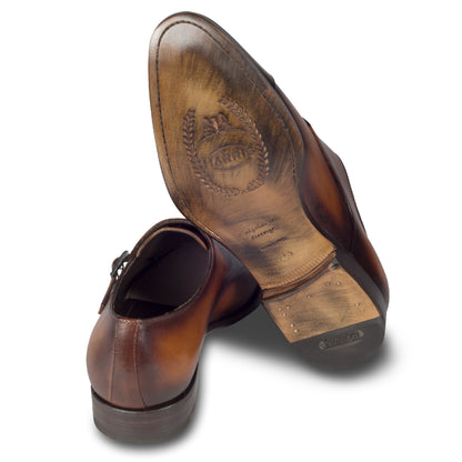 HARRIS Herren Double Monk braun, Herrenschuhe aus Kalbsleder mit Patina, handgefärbt und durchgenäht. Ansicht Ferse und Sohle