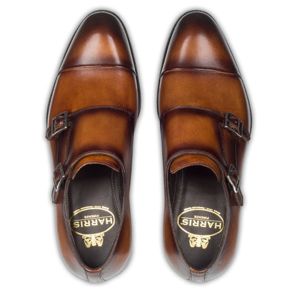 HARRIS Herren Double Monk braun, Herrenschuhe aus Kalbsleder mit Patina, handgefärbt und durchgenäht. Paarweise Draufsicht