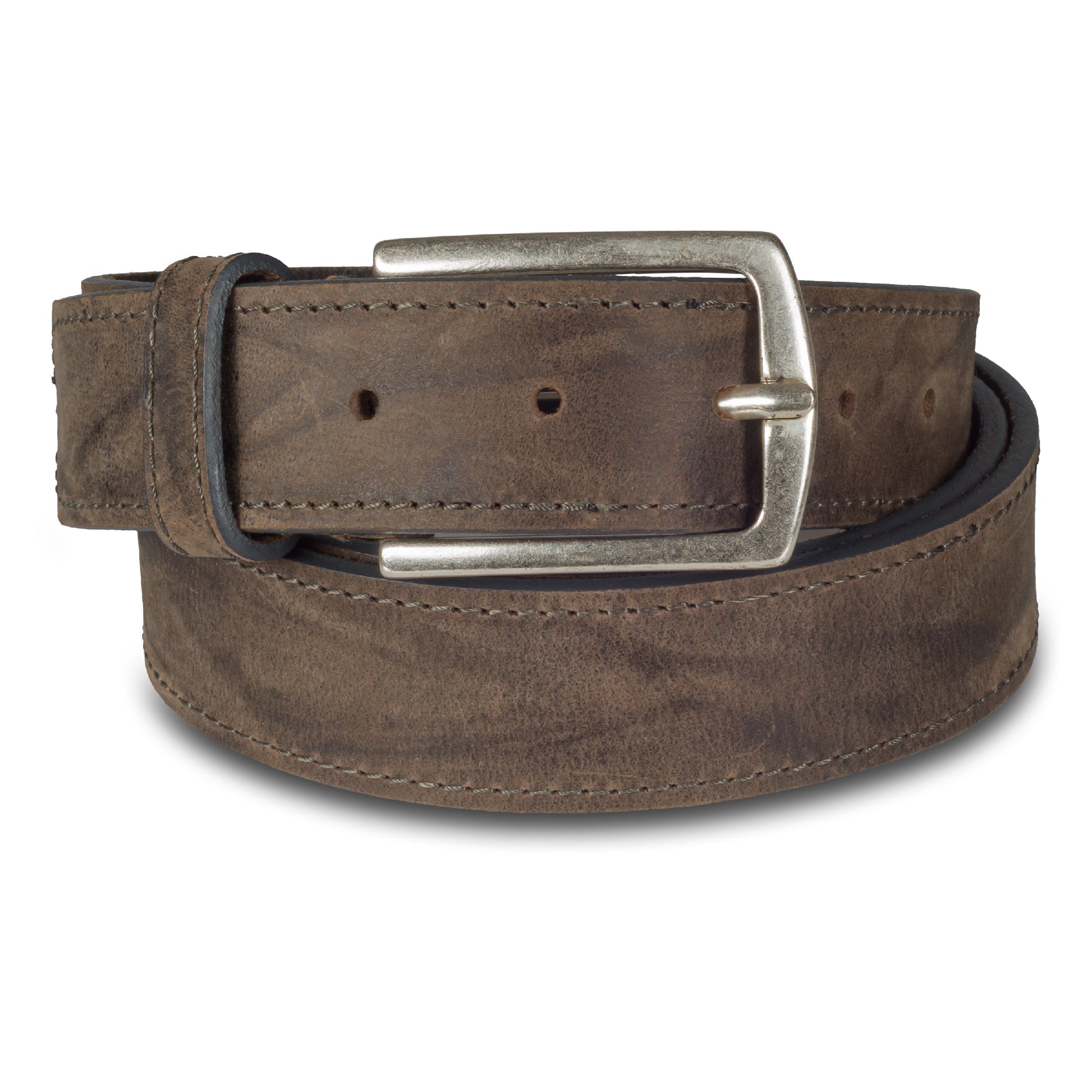 Jeans-Gürtel aus mattem Vollrind-Leder in braun mit Changierung. 3,4 cm breit. Dornschließe in Altsilber