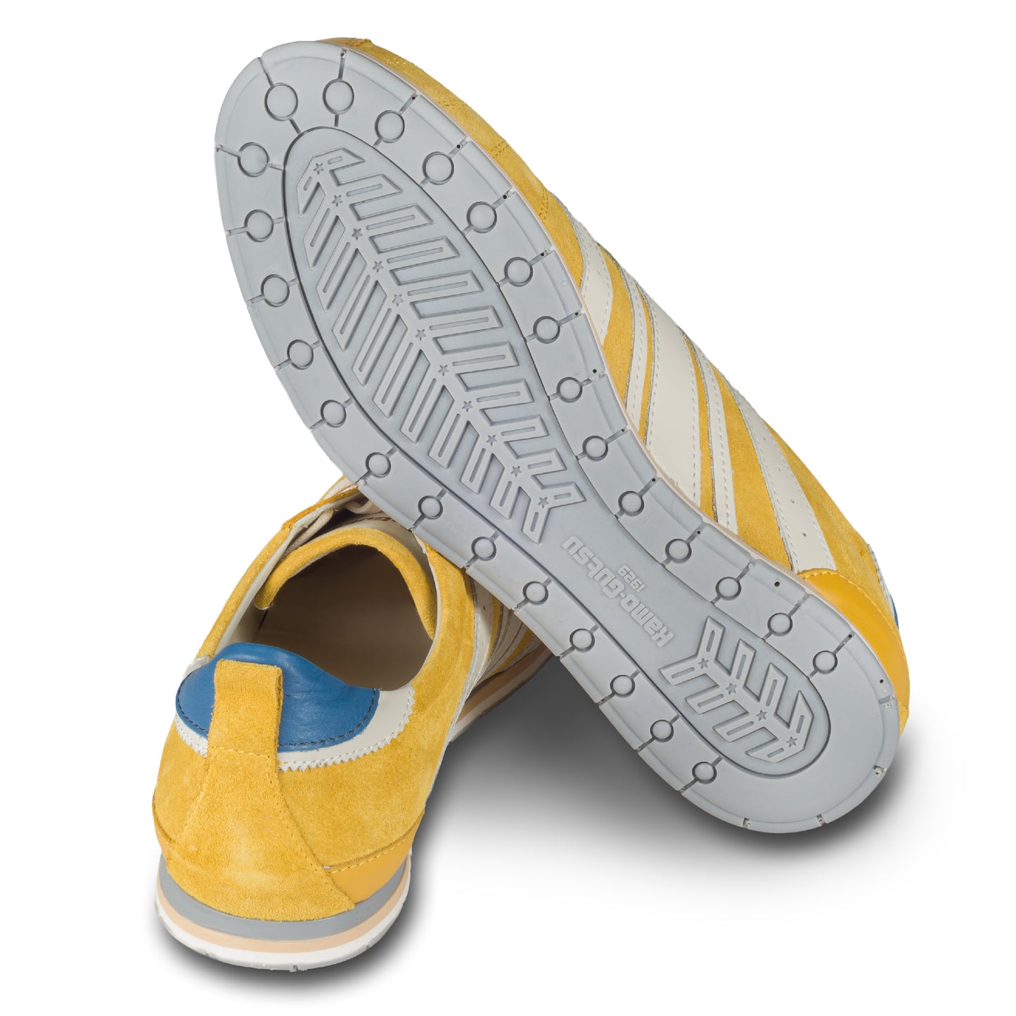 KAMO-GUTSU Herren-Sneaker / Schnürer, Wildleder gelb mit weiß, TIFO-046 giallo Combi. Ansicht Ferse und Sohle