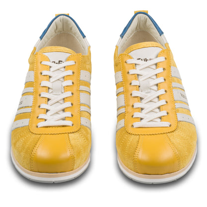 KAMO-GUTSU Herren-Sneaker / Schnürer, Wildleder gelb mit weiß, TIFO-046 giallo Combi. Paarweise Ansicht von vorne