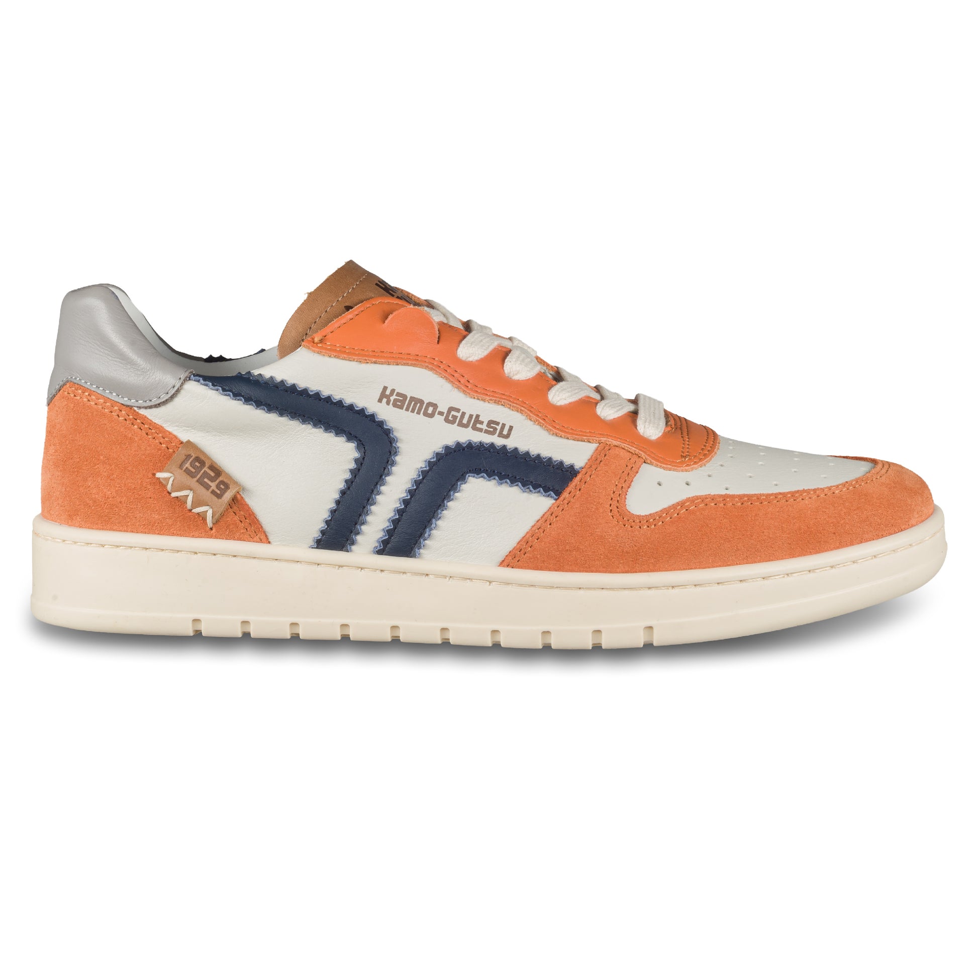 KAMO-GUTSU Sneaker Herren orange mit weiß und blau. Leder mit Wildleder. Modell CAMPO-048 arancio denim. Ansicht Außenseite rechter Schuh