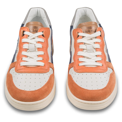 KAMO-GUTSU Sneaker Herren orange mit weiß und blau. Leder mit Wildleder. Modell CAMPO-048 arancio denim. Ansicht paarweise von vorne