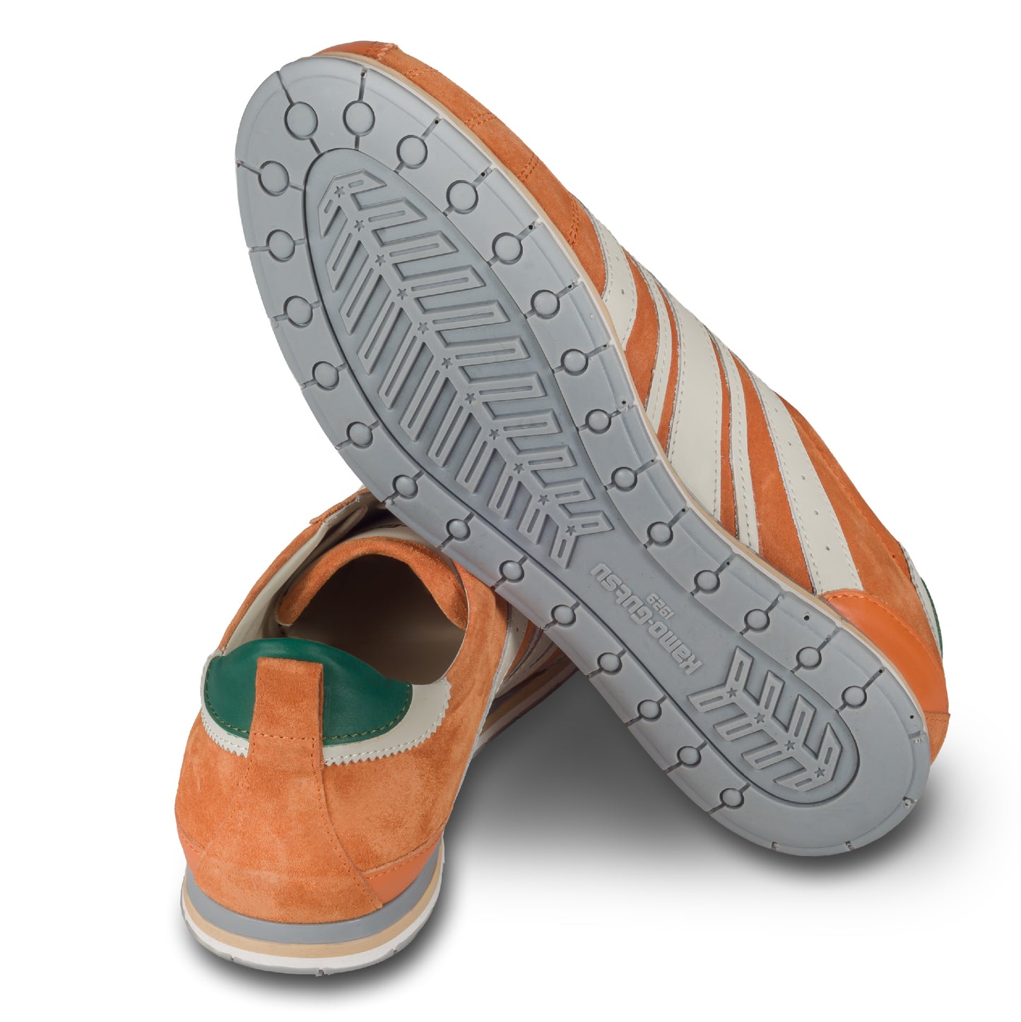 KAMO-GUTSU Herren-Sneaker / Schnürer, Wildleder orange mit weiß, TIFO-046 arancio Combi. Ansicht Sohle und Ferse