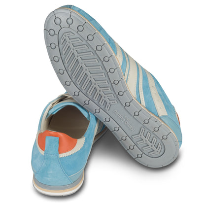 KAMO-GUTSU Sneaker Herren blau/weiß. Wildleder & Glattleder, Modell TIFO-046 cielo. Handgefertigt in Italien. Ansicht Ferse und Sohle