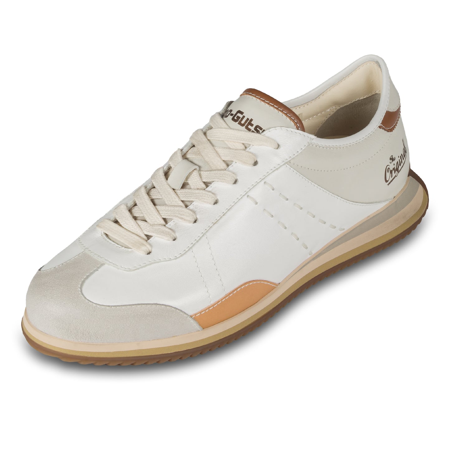 KAMO-GUTSU Sneaker Herren creme weiß und grau, Leder mit Wildleder. Modell GIRO-006 bianco. Ansicht linker Schuh schräg