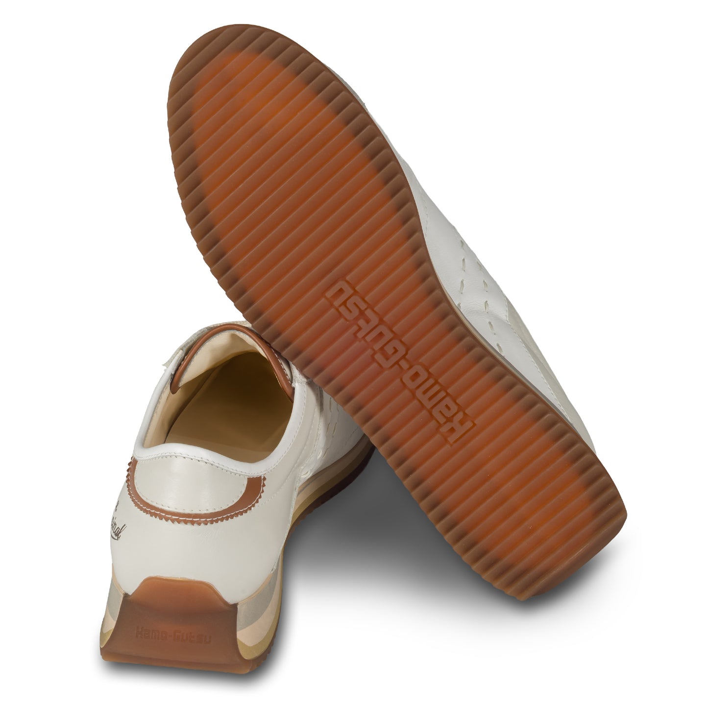 KAMO-GUTSU Sneaker Herren creme weiß und grau, Leder mit Wildleder. Modell GIRO-006 bianco. Ansicht Ferse und Sohle