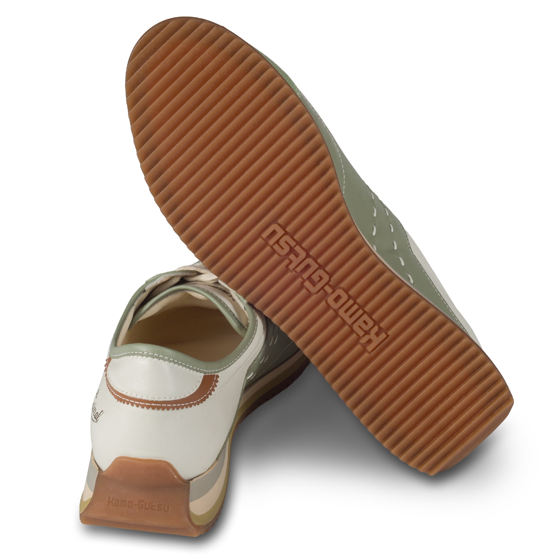 KAMO-GUTSU Sneaker Herren mint grün und creme weiß, Leder mit Wildleder. Modell GIRO-006 edera. Ansicht Ferse und Sohle