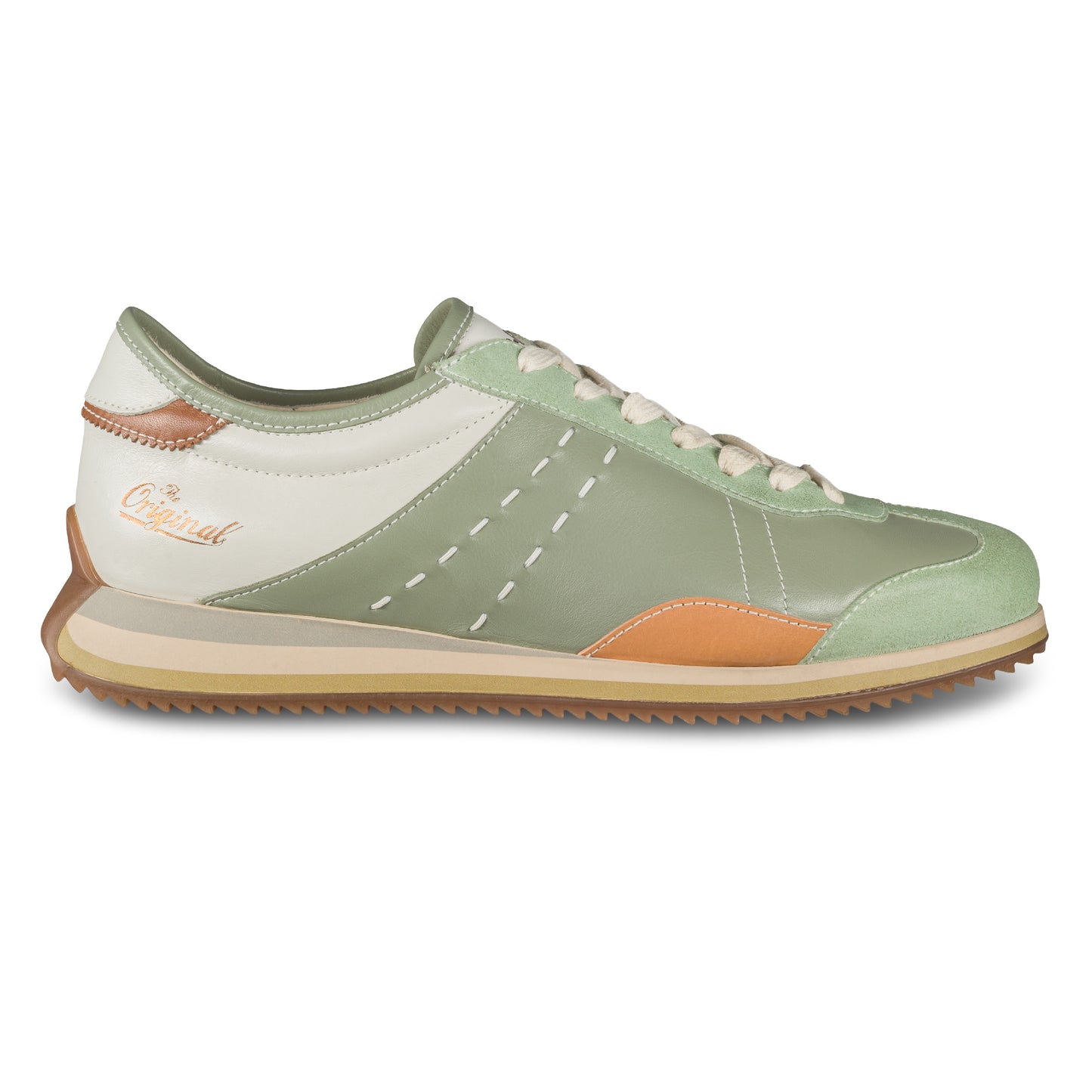 KAMO-GUTSU Sneaker Herren mint grün und creme weiß, Leder mit Wildleder. Modell GIRO-006 edera. Ansicht Außenseite rechter Schuh