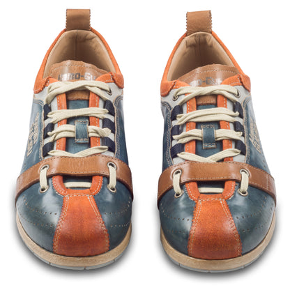 KAMO-GUTSU Herren Leder Sneaker, blau / orange, Modell TIFO017 arancio-navy. Paarweise Ansicht von vorne