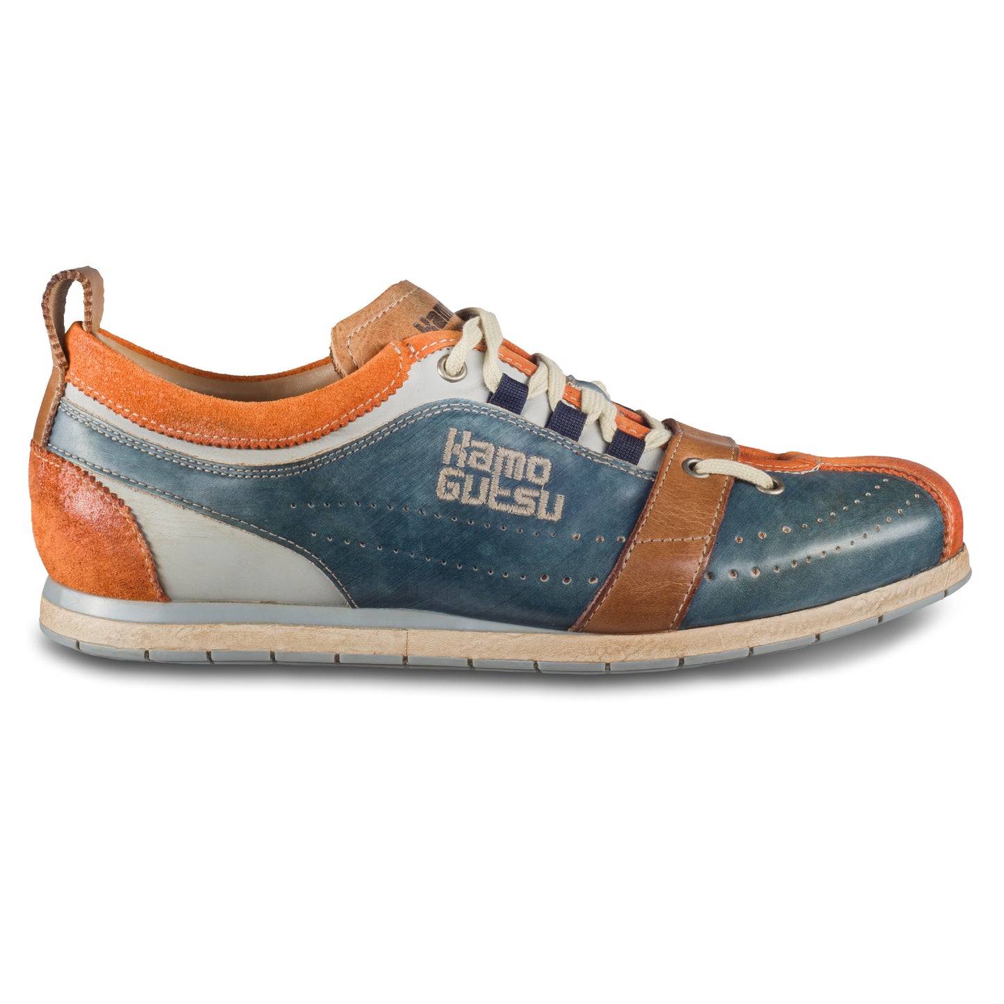 KAMO-GUTSU Herren Leder Sneaker, blau / orange, Modell TIFO017 arancio-navy. Ansicht Außenseite rechter Schuh