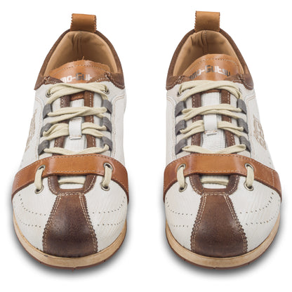 KAMO-GUTSU Herren Leder Sneaker, weiß/braun, Modell TIFO017 hazel-bianco. Paarweise Ansicht von vorne