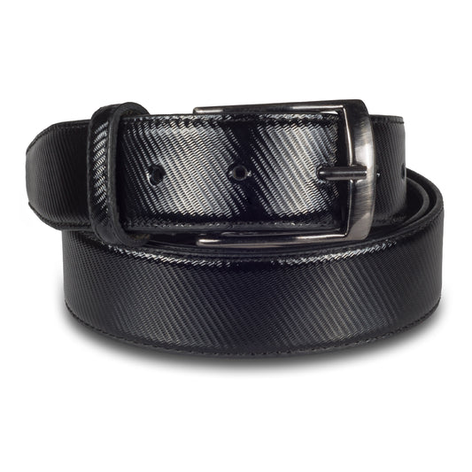 Herren Anzuggürtel aus strukturiertem Lack-Leder in blau 3,3 cm breit. Dunkelsilberne Dornschließe.