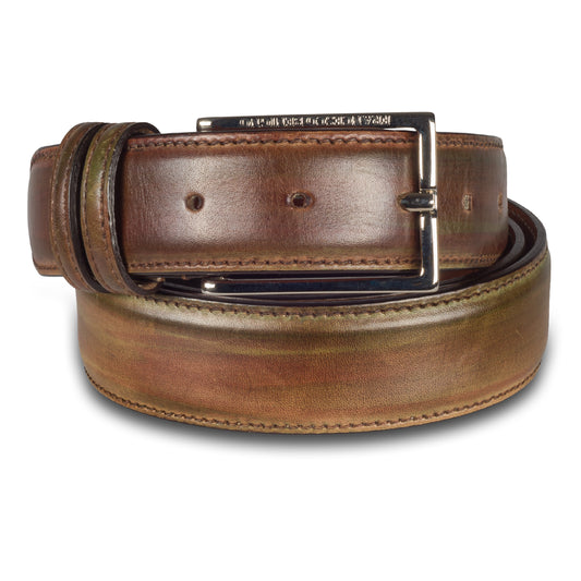 Edler Leder Gürtel Herren handgefärbt – Braun/Olive, Breite 3.5 cm, kürzbar