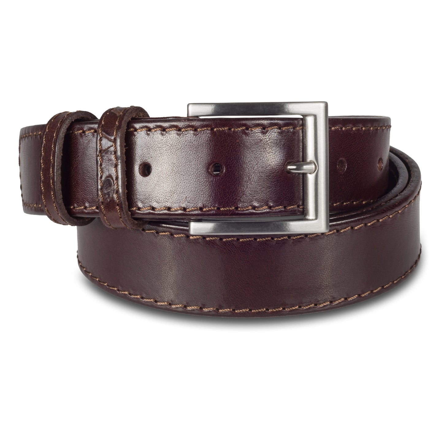 Herren Anzuggürtel dunkelbraun aus Vollrindleder. 3,3 cm breit mit mattierter nickelfreien Dornschließe. Länge kürzbar