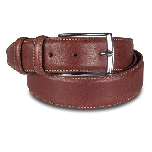 Herren Anzuggürtel aus Leder in kastanien braun, 3,5 cm breit. Silberne Dornschließe.