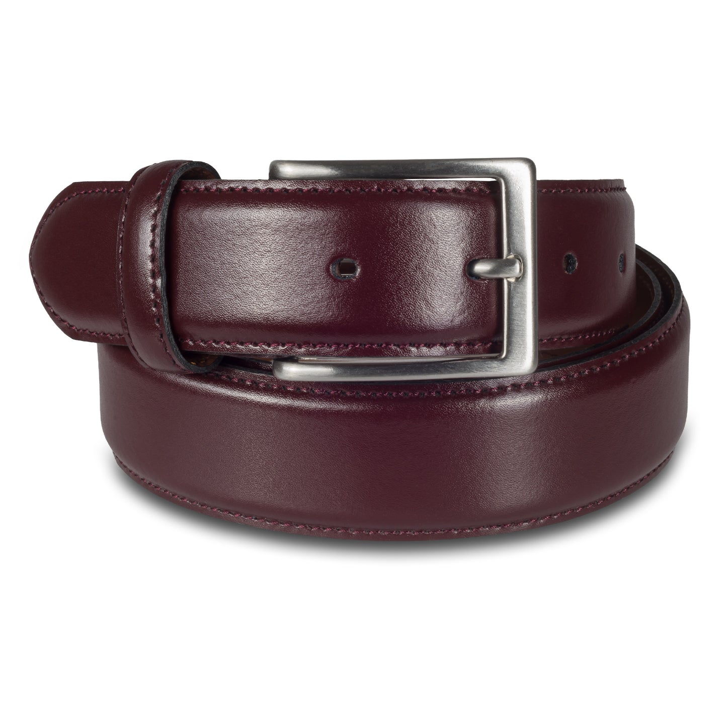 Herren Anzuggürtel bordeaux-braun aus Vollrindleder. 3,5 cm breit mit mattierter nickelfreien Dornschließe. Länge kürzbar