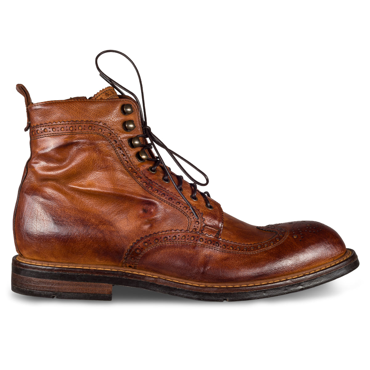 LEMARGO Herren Schnür-Stiefelette im Budapester-Stil, cognac-braun. Handgefärbt und Durchgenäht - Made in Italy. Ansicht Außenseite rechter Schuh