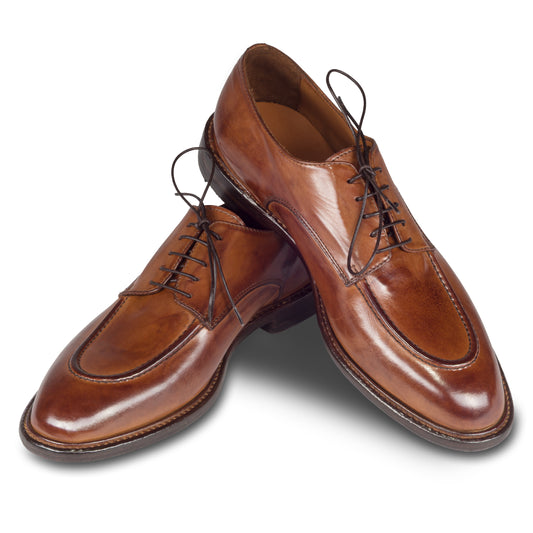 Lemargo Herren Schnür-Halbschuhe, cognak braun, Kalbsleder im Vintage-Look. Handgefertigt und Durchgenäht. Paarweise Ansicht überkreuzt