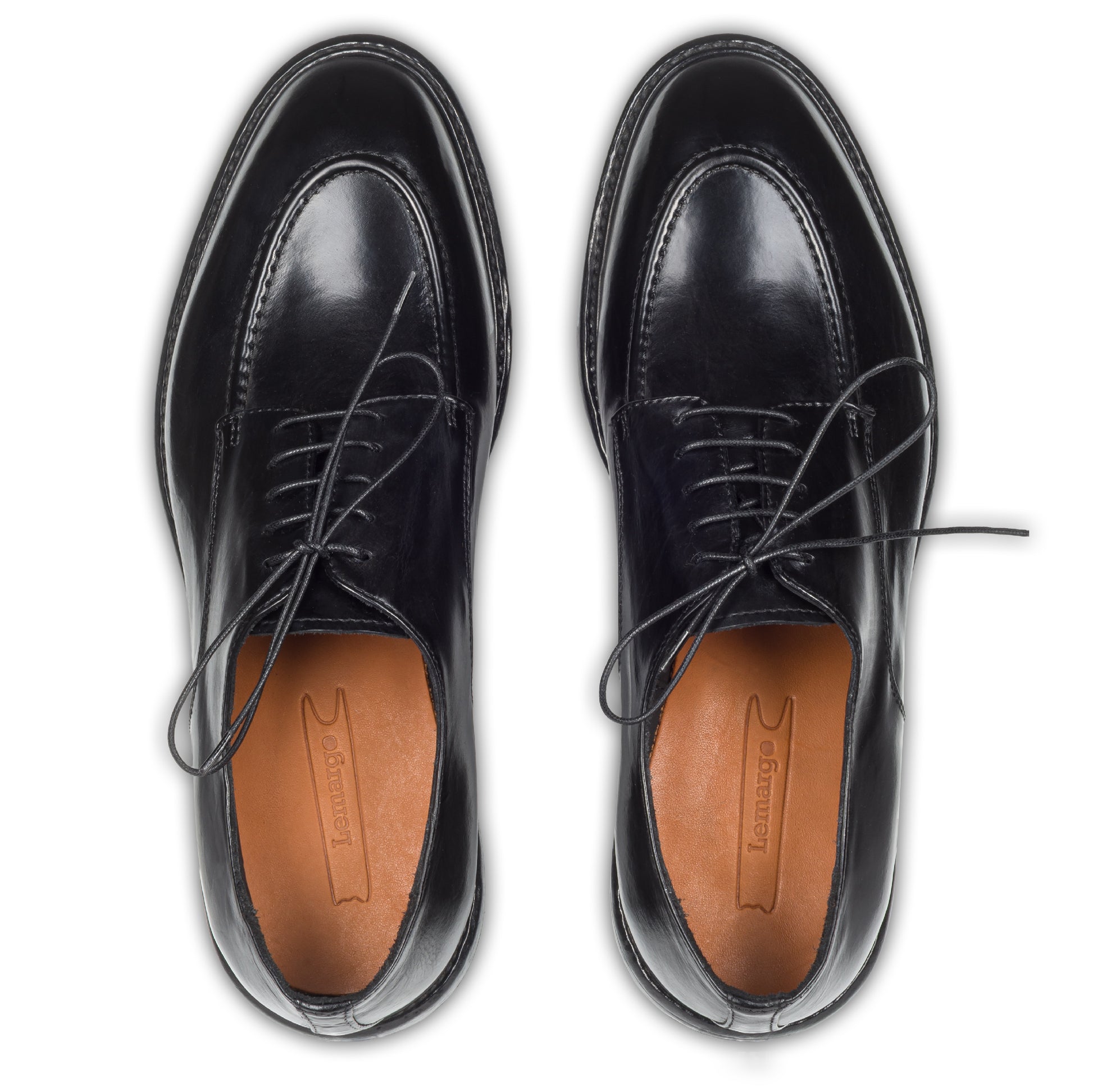 Lemargo Herren Schnür-Halbschuhe, schwarz, Kalbsleder im Vintage-Look. Handgefertigt und Durchgenäht. Ansicht paarweise Draufsicht