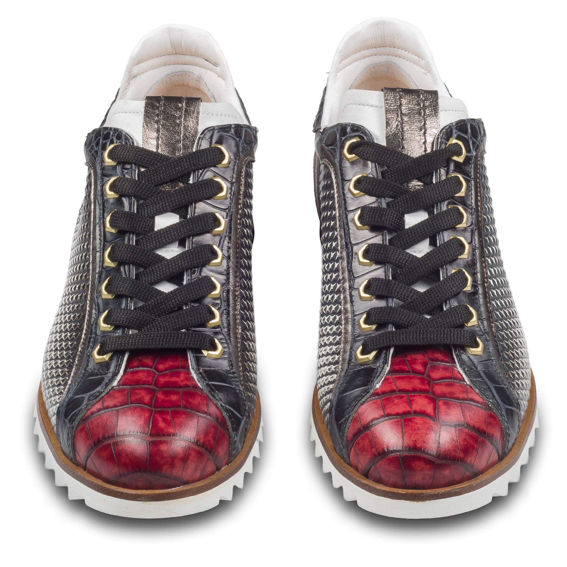 LORENZI Herren Schnürer / Sneaker in schwarz/weiß/rot mit Prägung und Kroko-Optik, handgefertigt, Kalbsleder. Ansicht paarweise von vorne