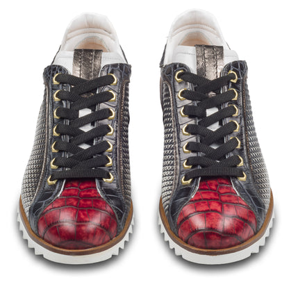 LORENZI Herren Schnürer / Sneaker in schwarz/weiß/rot mit Prägung und Kroko-Optik, handgefertigt, Kalbsleder. Ansicht paarweise von vorne