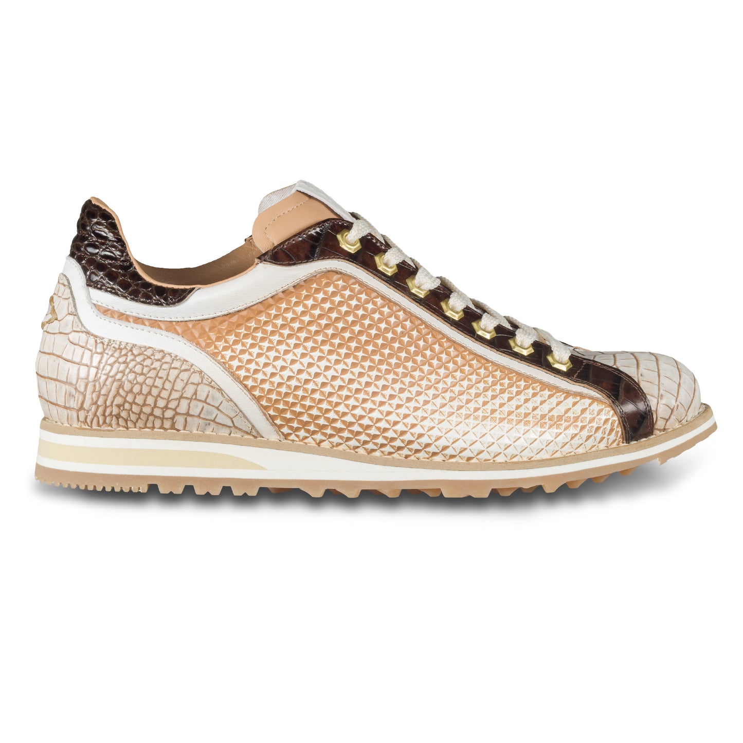 LORENZI Sneaker Herren beige/braun Kalbsleder - Prägung & Schlangen-Optik, handgefertigt. Ansicht Außenseite rechter Schuh