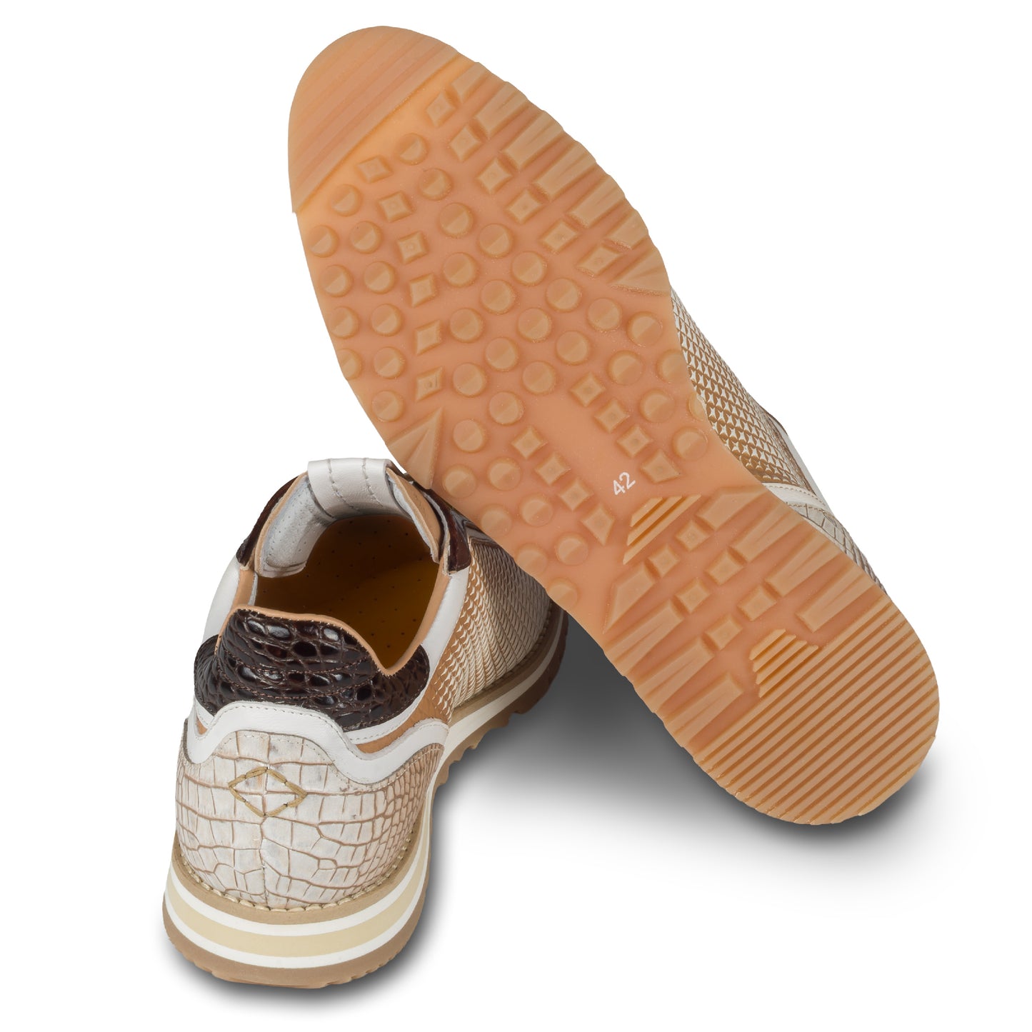 LORENZI Sneaker Herren beige/braun Kalbsleder - Prägung & Schlangen-Optik, handgefertigt. Ansicht Ferse und Sohle