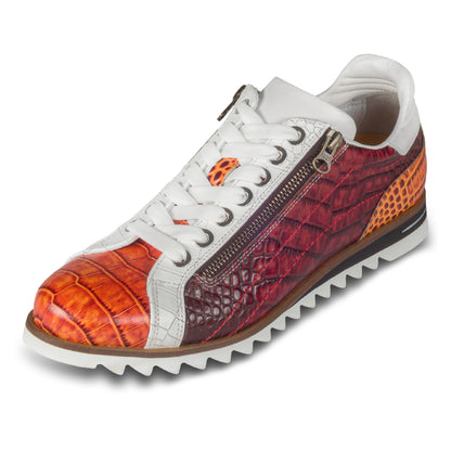 LORENZI Sneaker Herren rot/orange/weiß - Kalbsleder mit Reptilprägung, Reißverschluß. Ansicht linker Schuh schräg