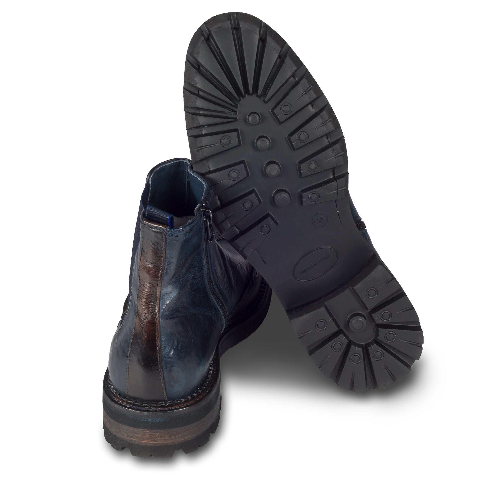 LORENZI Chelsea-Stiefelette Herren mit Reißverschluß, dunkelblau/dunkelbraun aus Kalbsleder im stonewashed-Verfahren bearbeitet. Ansicht Ferse und Sohle