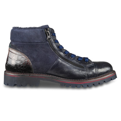 LORENZI Winterstiefelette Herren mit Lammfell & Reißverschluß, blaues Kalbsleder mit Wildleder. Handgefertigt / durchgenäht in Italien. Ansicht Innenseite linker Schuh