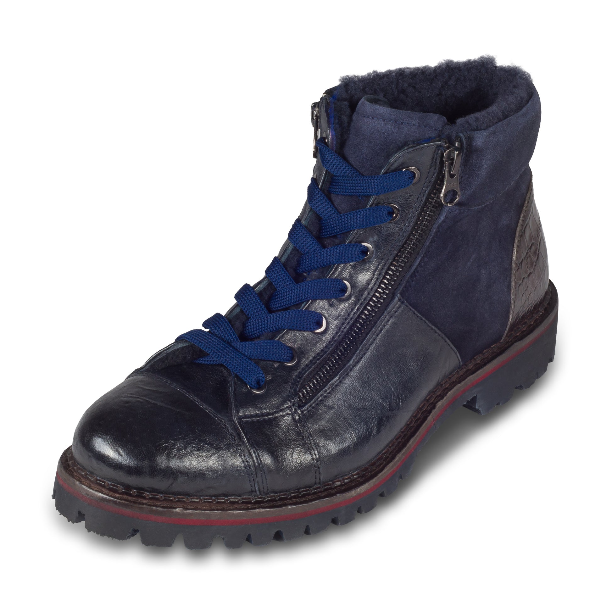 LORENZI Winterstiefelette Herren mit Lammfell & Reißverschluß, blaues Kalbsleder mit Wildleder. Handgefertigt / durchgenäht in Italien. Schräge Ansicht linker Schuh