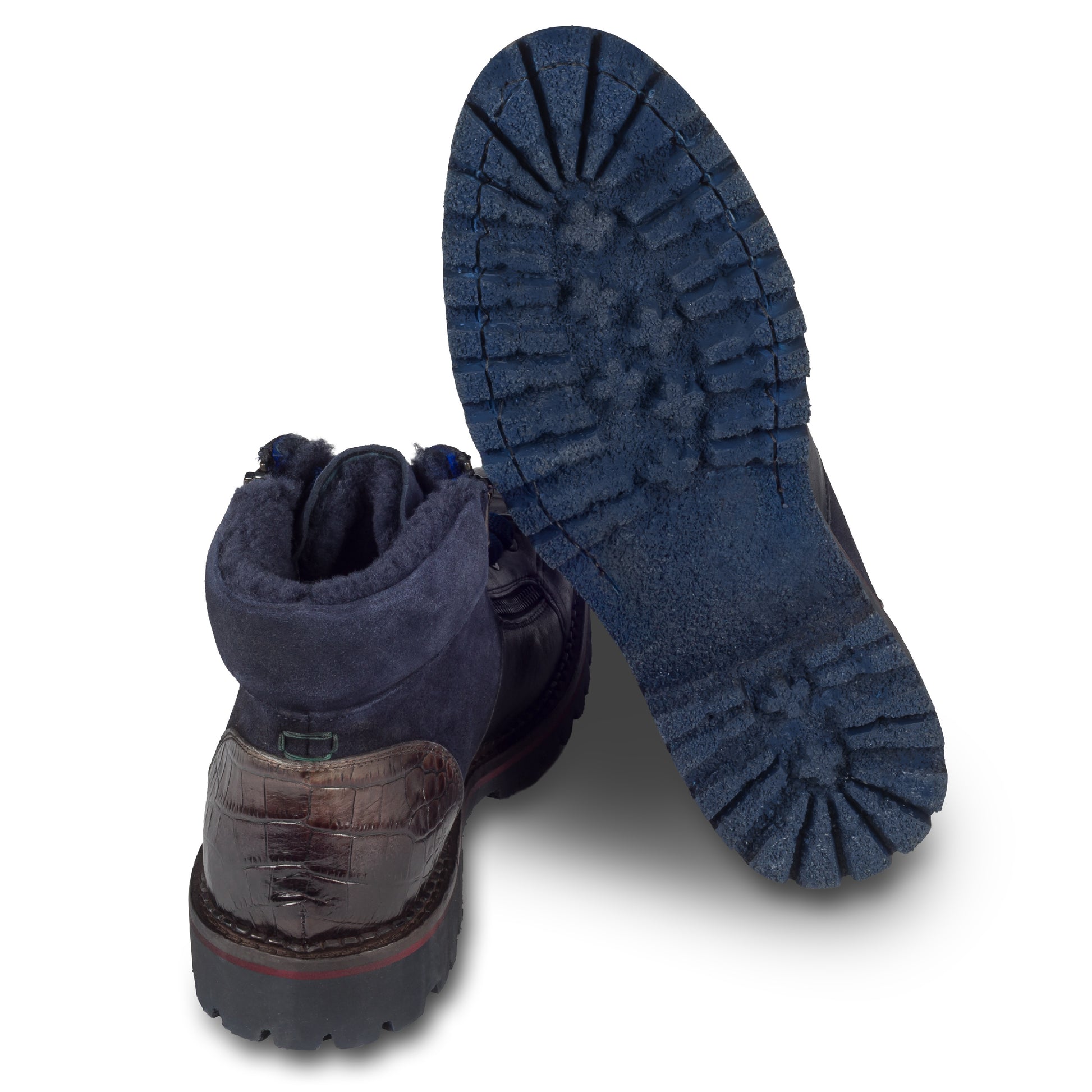 LORENZI Winterstiefelette Herren mit Lammfell & Reißverschluß, blaues Kalbsleder mit Wildleder. Handgefertigt / durchgenäht in Italien. Ansicht Ferse und Sohlenunterseite