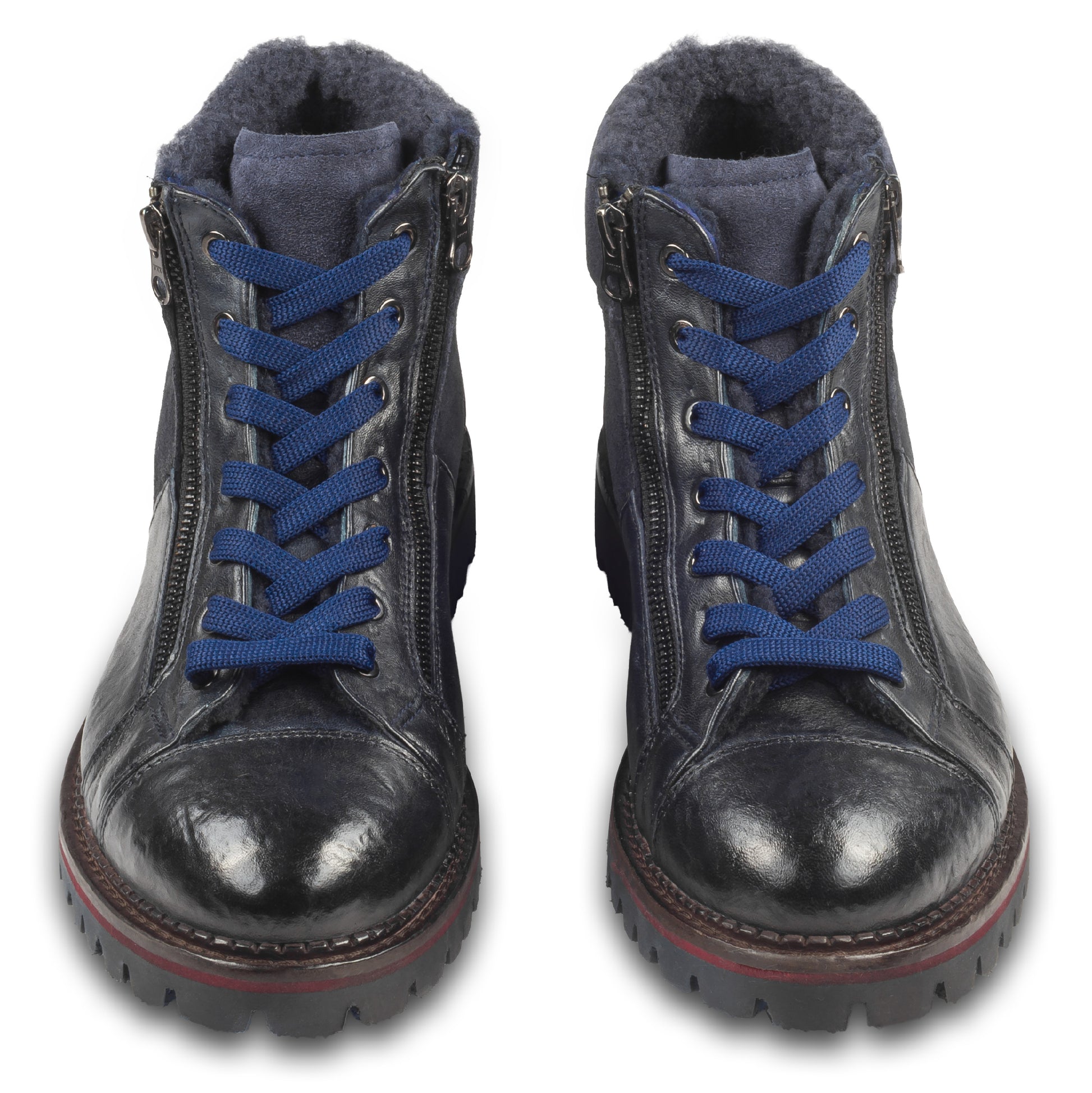 LORENZI Winterstiefelette Herren mit Lammfell & Reißverschluß, blaues Kalbsleder mit Wildleder. Handgefertigt / durchgenäht in Italien. Paarweise Ansicht von vorne