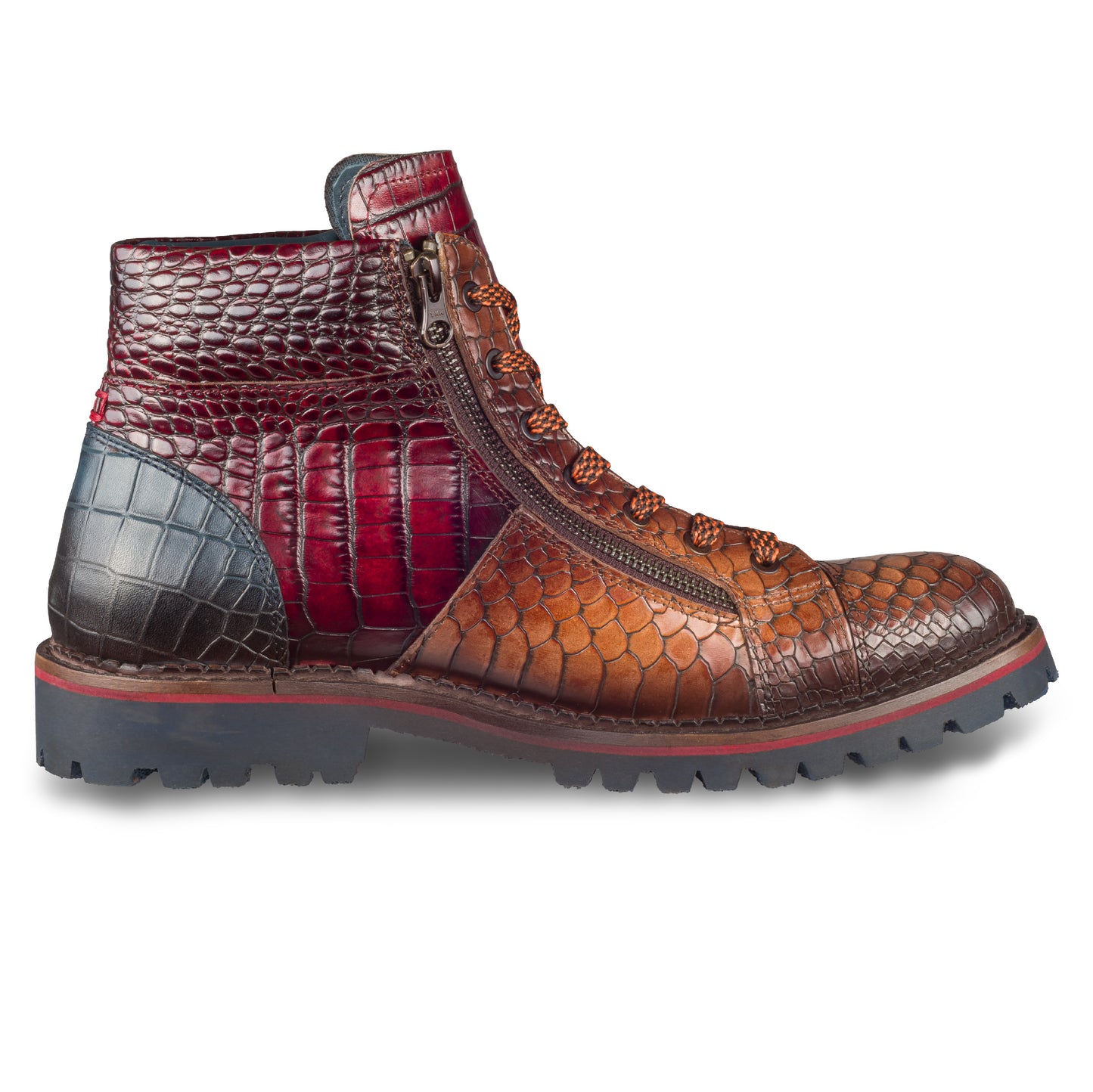 LORENZI Schnürstiefelette Herren mit Reißverschluß braun, Kalbsleder mit Krokoprägung. Handgefertigt / durchgenäht in Italien. Ansicht Innenseite linker Schuh