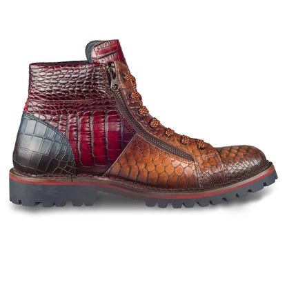 LORENZI Schnürstiefelette Herren mit Reißverschluß braun, Kalbsleder mit Krokoprägung. Handgefertigt / durchgenäht in Italien. Ansicht Innenseite linker Schuh