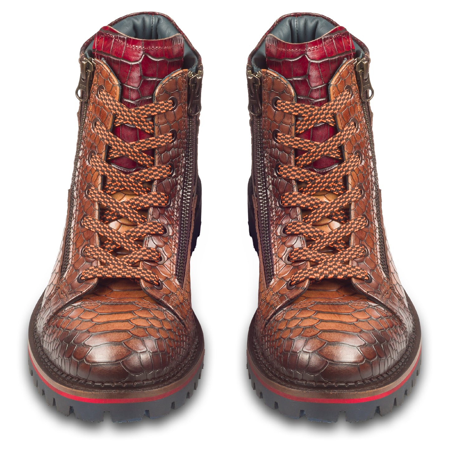 LORENZI Schnürstiefelette Herren mit Reißverschluß braun, Kalbsleder mit Krokoprägung. Handgefertigt / durchgenäht in Italien. Ansicht paarweise von vorne