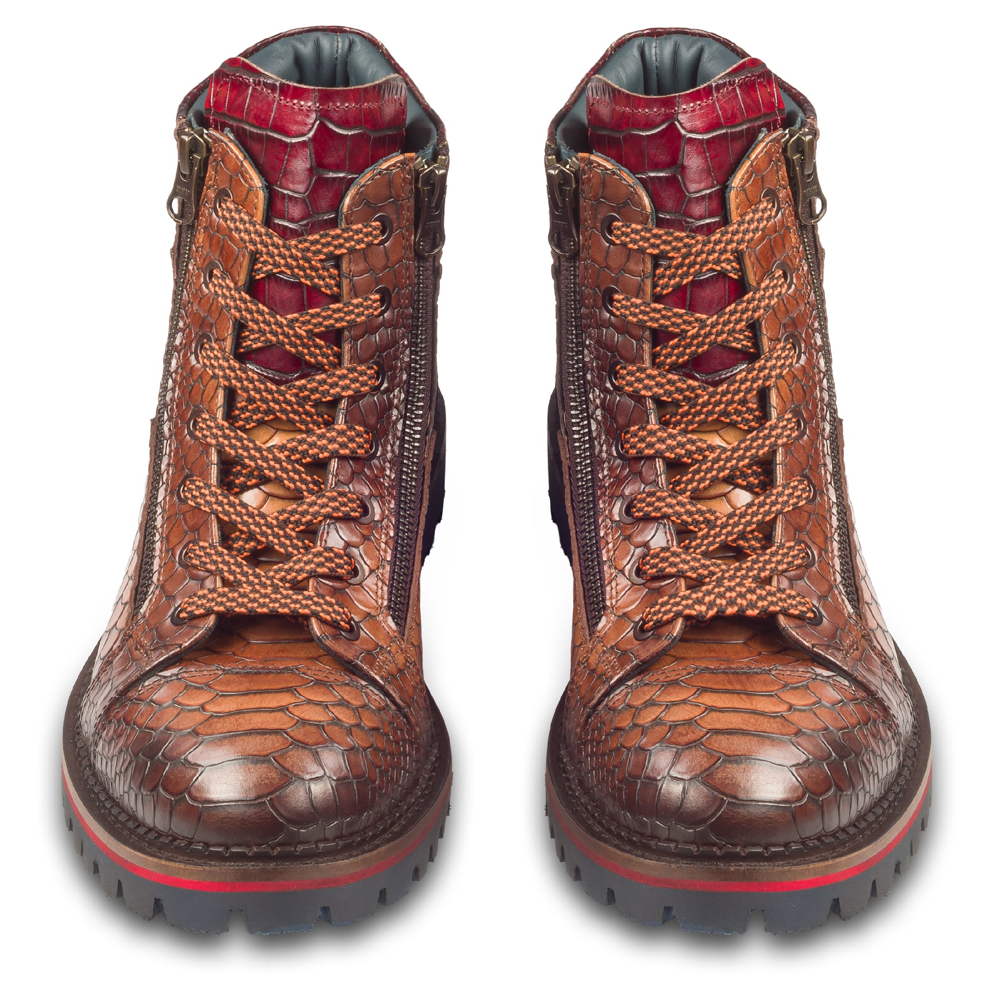 LORENZI Schnürstiefelette Herren mit Reißverschluß braun, Kalbsleder mit Krokoprägung. Handgefertigt / durchgenäht in Italien. Ansicht paarweise von vorne