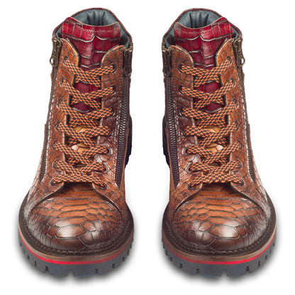 LORENZI Schnürstiefelette Herren mit Reißverschluß braun, Kalbsleder mit Krokoprägung. Handgefertigt / durchgenäht in Italien. Ansicht paarweise von vorne