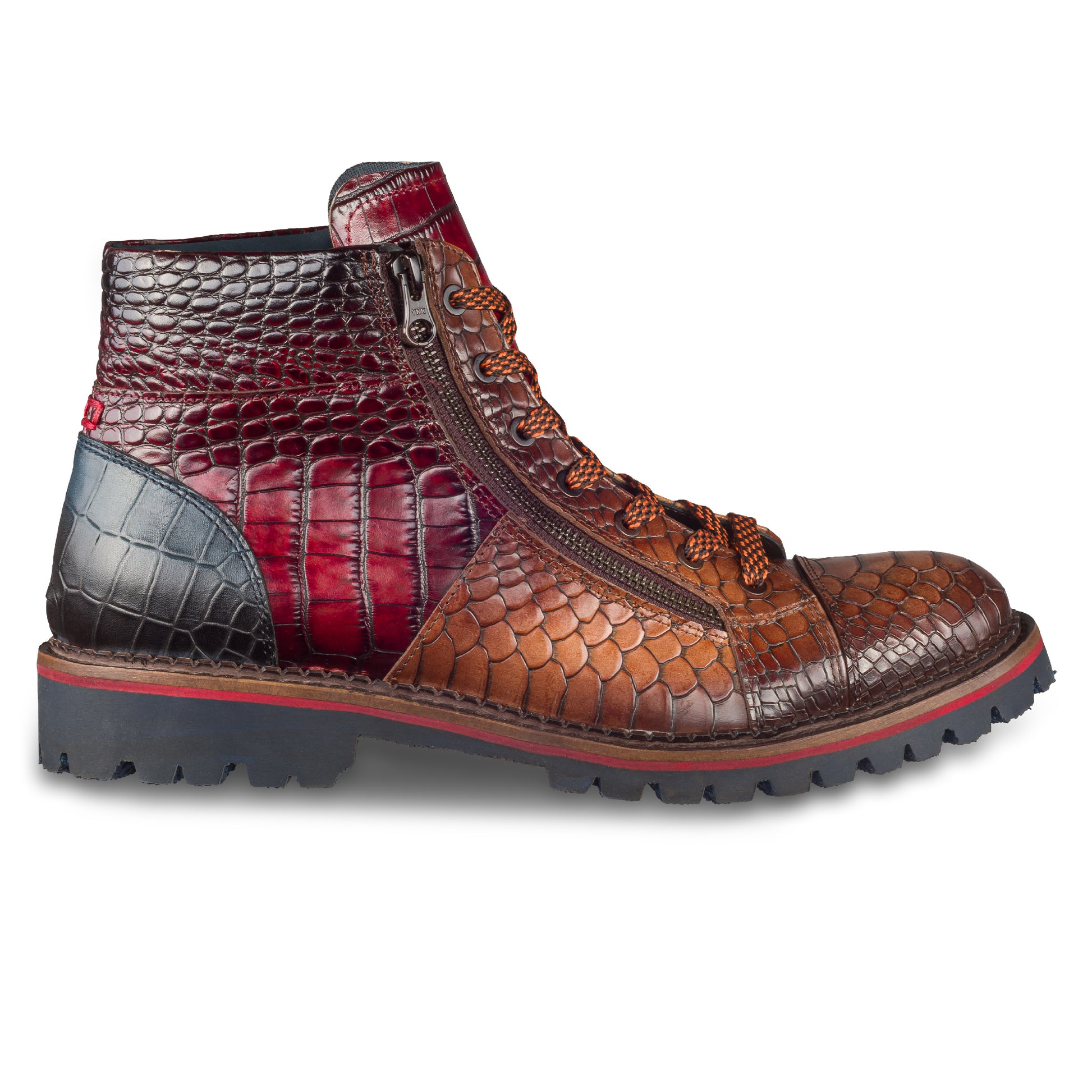 LORENZI Schnürstiefelette Herren mit Reißverschluß braun, Kalbsleder mit Krokoprägung. Handgefertigt / durchgenäht in Italien. Ansicht Außenseite rechter Schuh