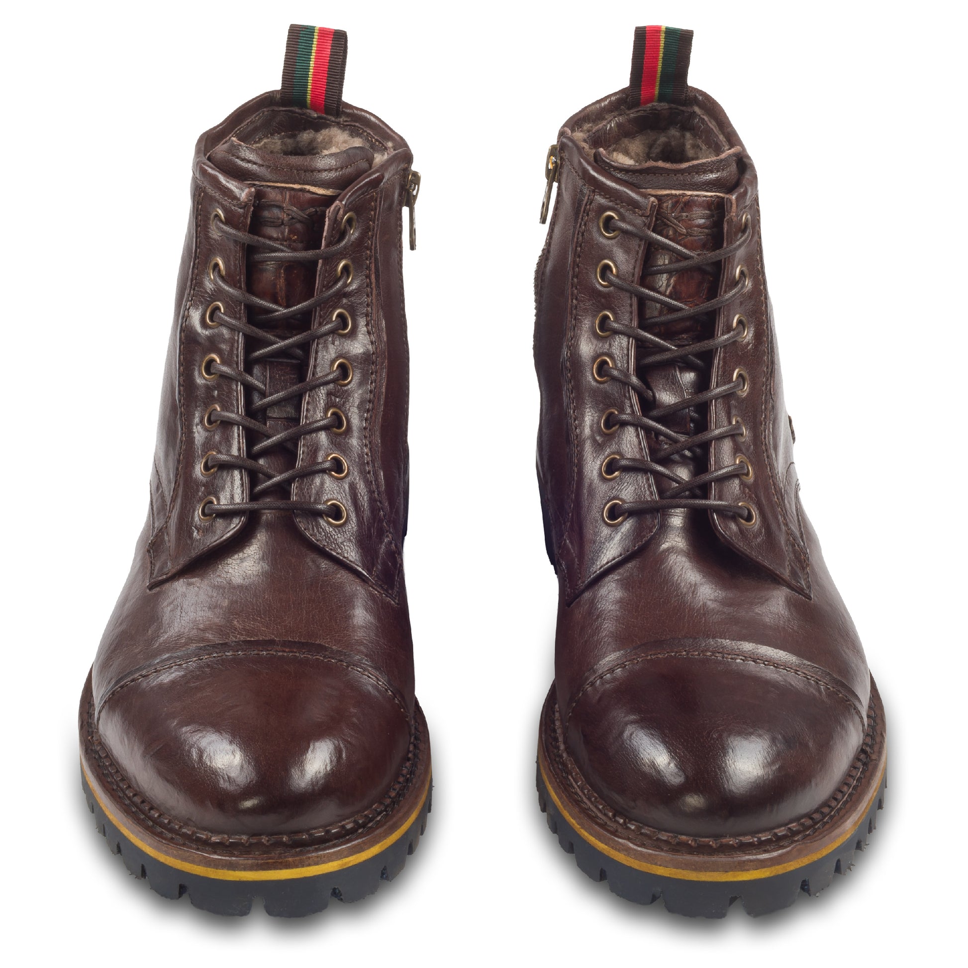 LORENZI Winterstiefelette Herren mit Lammfell & Reißverschluß, dunkelbraun, gewaschenes Kalbsleder. Handgefertigt / durchgenäht in Italien. Paarweise Ansicht von vorne