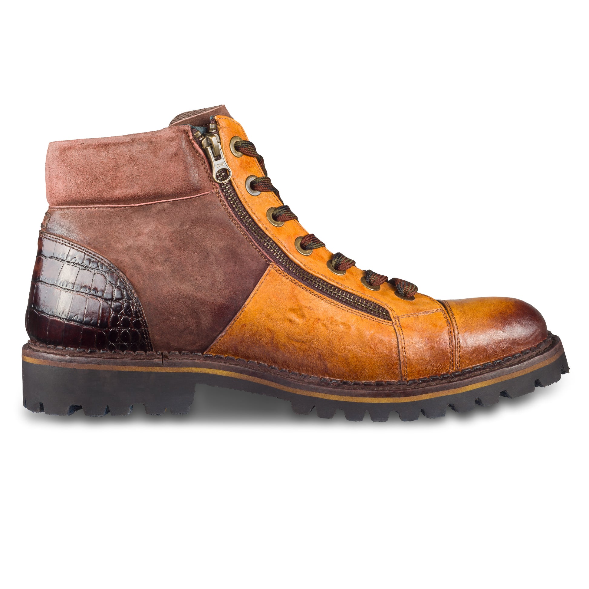 LORENZI Schnürstiefelette Herren mit Reißverschluß in mehreren Braun-Tönen. Kalbsleder stone-washed. Handgefertigt / durchgenäht in Italien. Ansicht Innenseite linker Schuh