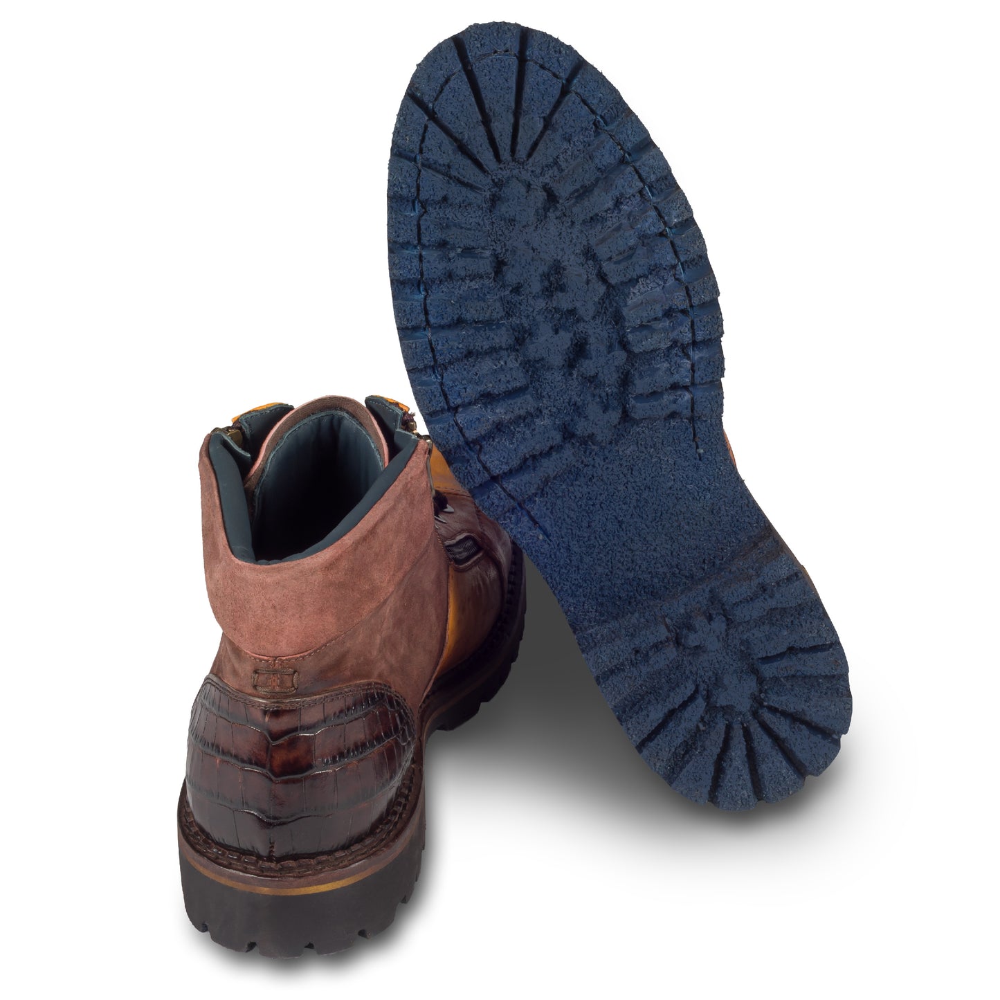 LORENZI Schnürstiefelette Herren mit Reißverschluß in mehreren Braun-Tönen. Kalbsleder stone-washed. Handgefertigt / durchgenäht in Italien. Ansicht Ferse und Sohlenunterseite