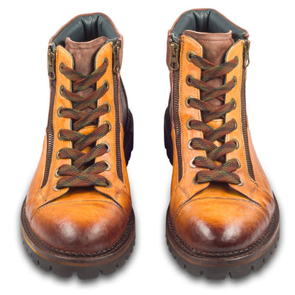 LORENZI Schnürstiefelette Herren mit Reißverschluß in mehreren Braun-Tönen. Kalbsleder stone-washed. Handgefertigt / durchgenäht in Italien. Paarweise Ansicht von vorne