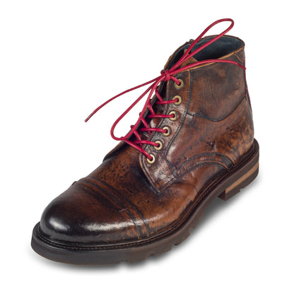 LORENZI Schnürstiefelette Herren mit Reißverschluß, braun - Kalbsleder im Vintage-Look. Handgefertigt / durchgenäht in Italien. Schräge Ansicht linker Schuh - rote Schnürsenkel