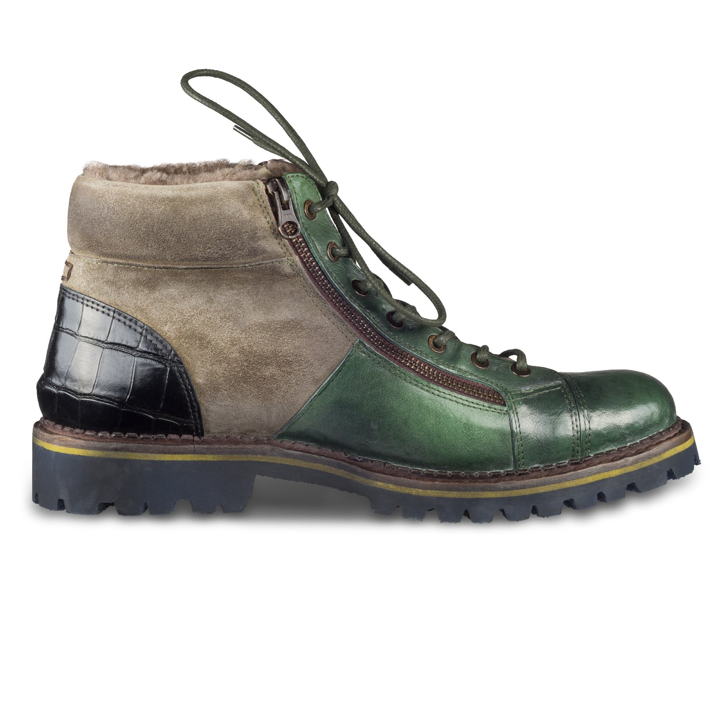 LORENZI Winterstiefelette Herren mit Lammfell & Reißverschluß, grün – Kalbsleder stonewashed. Handgefertigt / durchgenäht in Italien. Ansicht Innenseite linker Schuh